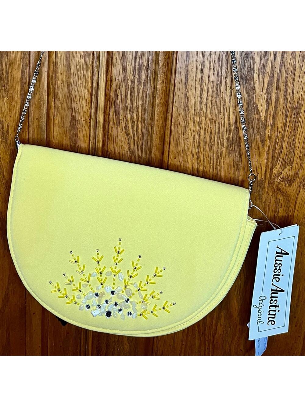 Aussie Austine Original Yellow Half Moon Crystal, Bead, and Shell Bag w/ Chain